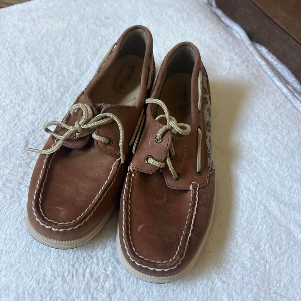 Sperry's Top-sider brown leather boat shoes with leopard print sequins women's 8